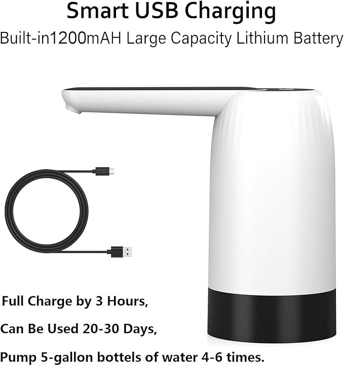Myvision 5 Gallon Jug Drinking Water Dispenser, Portable Water Dispenser fro 3 Gallon Bottle, USB Electric Water Bottle Pump, 2-5 Gallon Water Jug Switch-White