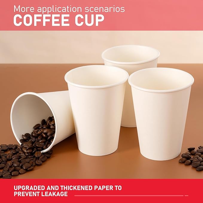 12 oz 300 Pack Paper Coffee Cups, Hot Paper Cups, Thickened Leak-Free White Disposable Coffee Cups for Hot and Cold Drinks