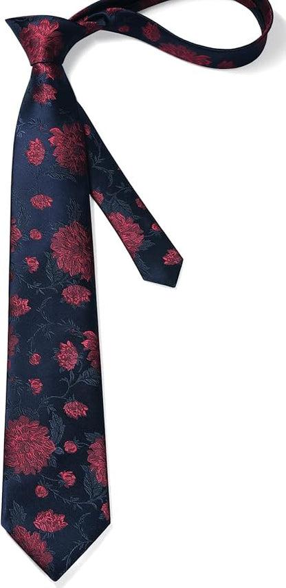 HISDERN Men Floral Ties Woven Classic 3.4" Necktie Set Formal Tie Pocket Square for Wedding with Handkerchief Gift Box