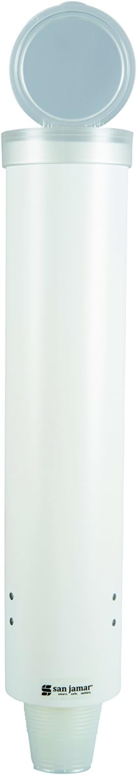 San Jamar Medium Pull-Type Cup Dispenser 4-10 Oz. Cups with Flip Cap for Restaurants, Dining Halls, and Fast Food Plastic, 16 Inches, White