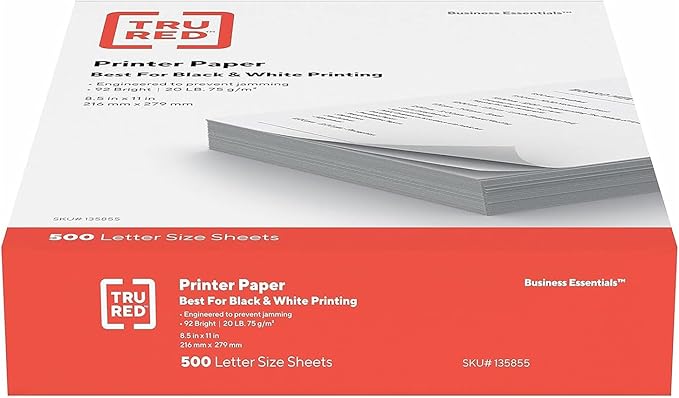Staples TRU RED Printer Paper, 8.5" x 11", Designed for High-Speed Printers, 92-Brightness, White Color (500 Sheets/Ream)