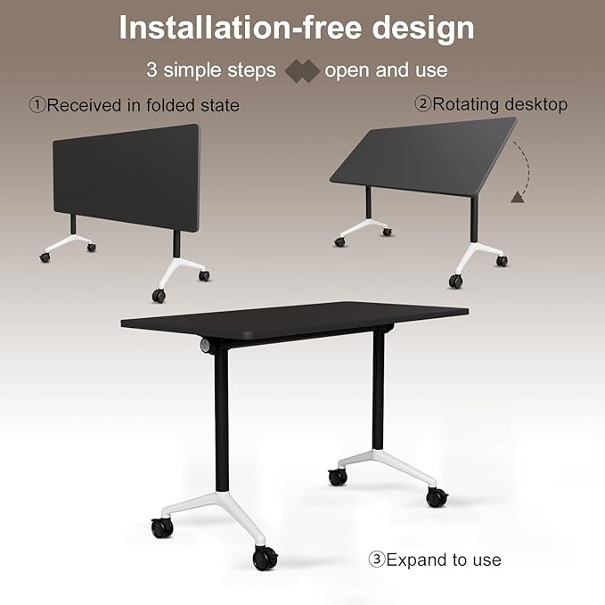Folding Conference Table, Rectangular Conference Room Tables, Mobile Modular Training Table, Solid Steel Frame,Thickened Panel,for Offices,Meeting Room,Offices andSchools (4, Black, 47in)