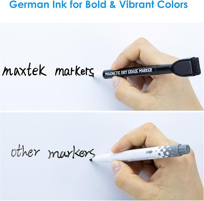 maxtek Magnetic Black Dry Erase Markers, 6 Count Fine Tip Whiteboard Markers with Eraser, Thin Markers Low Odor for Classroom, Office, Home