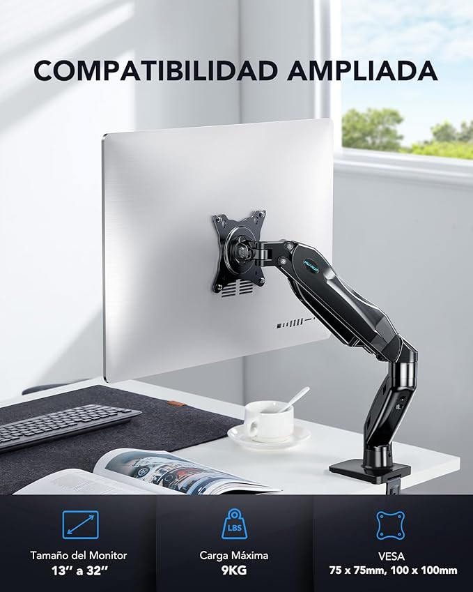 HUANUO Single Monitor Mount, 13 to 32 Inch Pneumatic Spring Monitor Arm, Adjustable Monitor Stand, Vesa Mount with Clamp and Grommet Base - Fits 4.4 to 19.8lbs LCD Computer Monitors