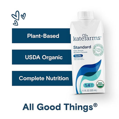 KATE FARMS Organic 1.4 High Calorie Nutrition Shake, Vanilla, 20g Protein, 27 Vitamins and Minerals, Meal Replacement, Protein Shake, 11 oz (12 Pack)