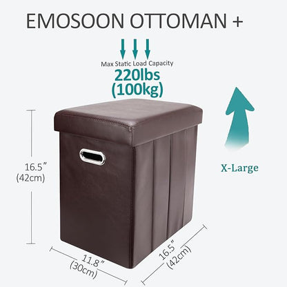 Tall Ottoman with Storage, Faux Leather Collapsible Slim Folding Ottoman Furniture with Handles Lid for Room Footrest Foot Stool, Brown 16.5x16.5x11.8in