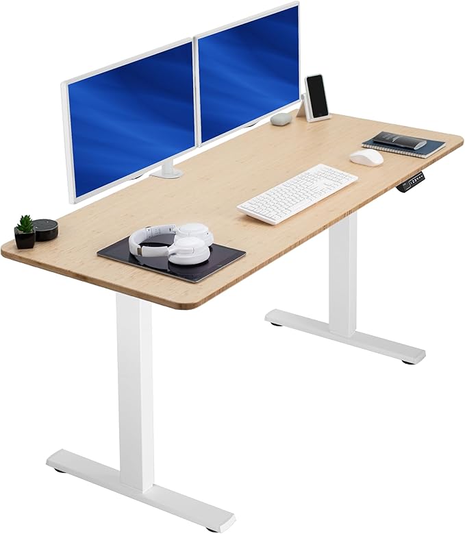 VIVO Electric 60 x 24 in Real Bamboo Standing Desk, Memory Height Adjustment, 1B Series, One-Piece Top, White Frame, DESK-KIT-1W6O