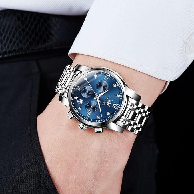OLEVS Men's Stainless Steel Chronograph Watch, Big Face Gold Silver Black Tone Easy to Read Analog Quartz Watch, Luxury Waterproof Date Diamond Roman Arabic Numerals Dial Dress Watch for Men
