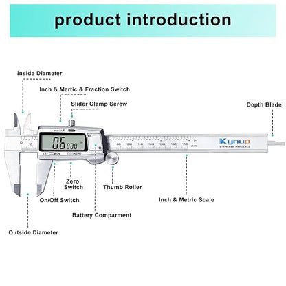 Kynup Digital Caliper, Caliper Measuring Tool, Micrometer Dial Vernier Caliper Digital, Full Turn Off, Stainless Steel, Switch from Inch Metric Fraction (6Inch/150MM)