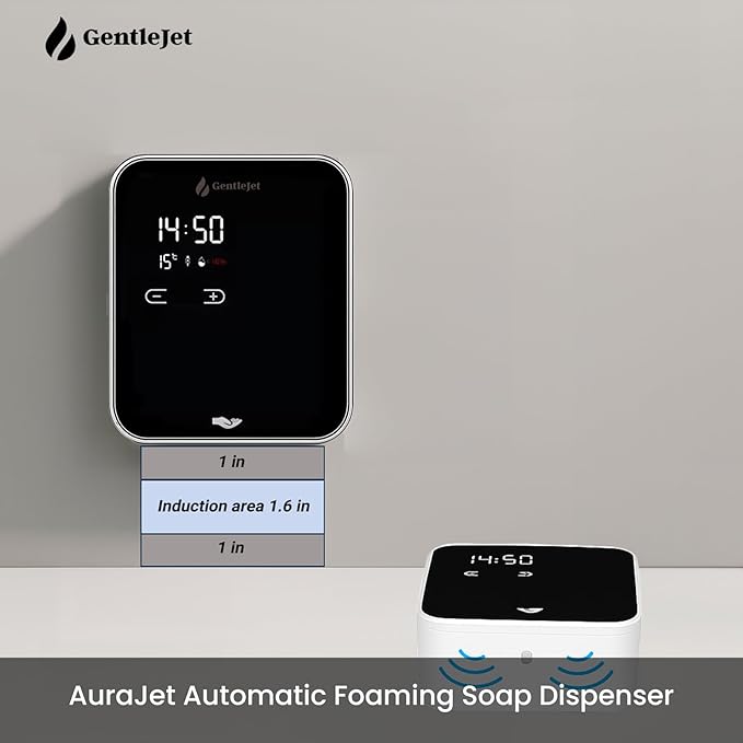 AuraJet Automatic Foaming Soap Dispenser, LED Display, Aluminum Alloy Body, 5 Foam Levels Adjustable, USB-C or Battery Powered, 16.2 oz Automatic Soap Dispenser Touchless Wall Mount
