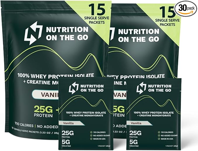 Nutrition On The Go Whey Protein Isolate Packets with Creatine – 25g Protein + 5g Creatine – Single-Serve Travel Protein Powder – Vanilla (30-Pack)