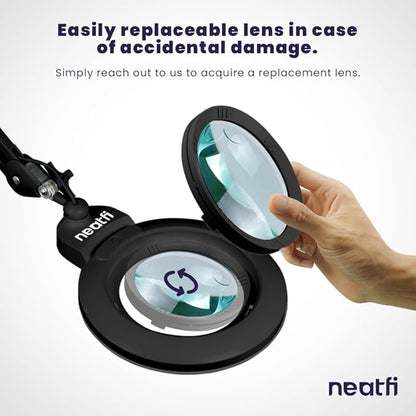 Neatfi XL Bifocal LED Magnifying Lamp – 7” Acrylic Lens, 5D/20D Magnification, 1,600 Lumens, Dimmable with 3 Light Modes, Adjustable Arm & Clamp, Lamp for Reading, Crafting (Black, CCT with Clamp)