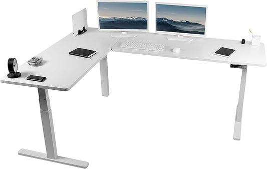 VIVO Electric Height Adjustable L-Shaped Standing Desk 83” x 60” – White Dual Top, Memory Controller, 3E Series (DESK-KIT-3E8W)