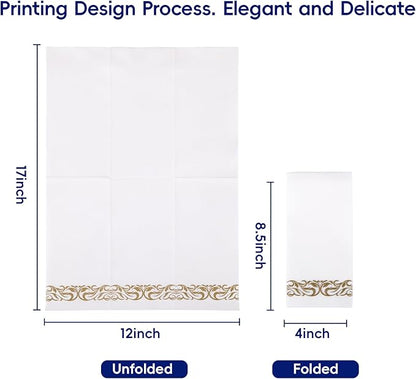 JOLLY CHEF 100 Disposable Hand Towels, Soft and Absorbent Linen Feel Dinner Napkin, Elegant Decorative Paper Guest Towels for Kitchen, Bathroom,Weddings,Parties, Gold and White