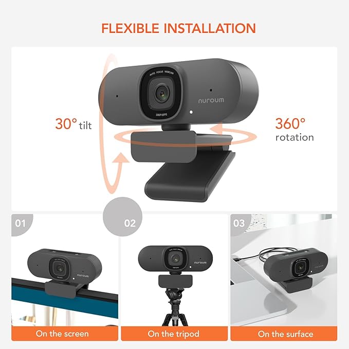 NUROUM V15AF 2K Webcam for PC, 1080P 60fps Autofocus HD Webcam with Dual Noise Cancelling Microphone, 75° FOV&Light Correction, USB Web Camera Plug&Play for Zoom/Teams,Grey