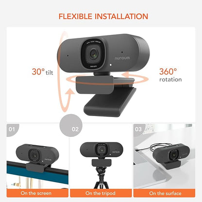 NUROUM V15AF 2K Webcam for PC, 1080P 60fps Autofocus HD Webcam with Dual Noise Cancelling Microphone, 75° FOV&Light Correction, USB Web Camera Plug&Play for Zoom/Teams,Grey