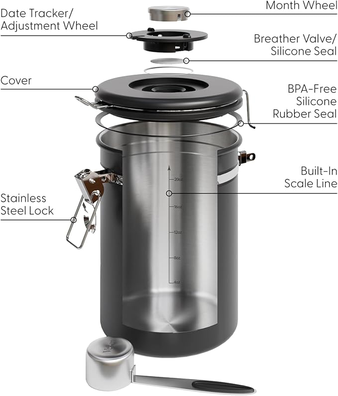 Veken Coffee Canister with Window,Airtight Stainless Steel Pantry Container,Home Kitchen Food Storage Organizers for Ground,Beans,Espresso,Rice,Tea,Sugar,Cereal, Decor,Bar Accessories,Gifts,22OZ,Black