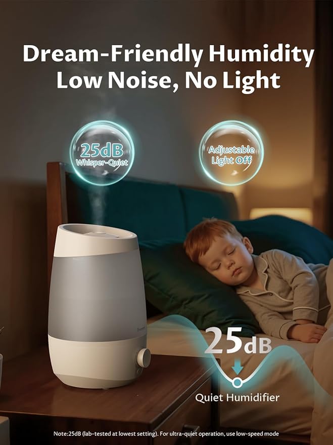 BREEZOME Humidifiers for Bedroom, 2.5L Humidifiers for Home, 250ml/h Mist Output, 7 Adjustable LED,25hrs Essential Oil Diffuser, 25dB Top Fill Ultrasonic Humidifier for Baby and Indoor Plants, White