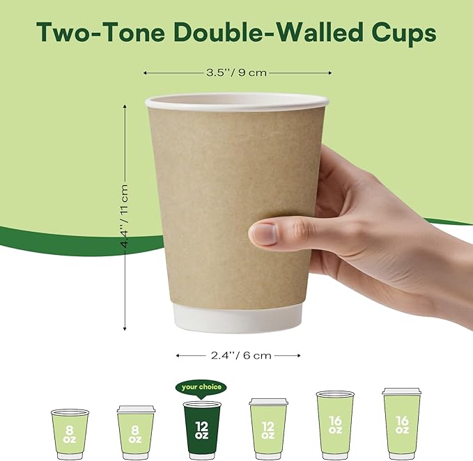 Disposable Coffee Cups 12 oz Paper Cups,50 Pack Compostable Cups Double Wall Hot Cups, BPI Certified PLA Coated Disposable Cups, Kraft Paper Coffee Cups for Everyday To-go Office Coffee Bar Supplies