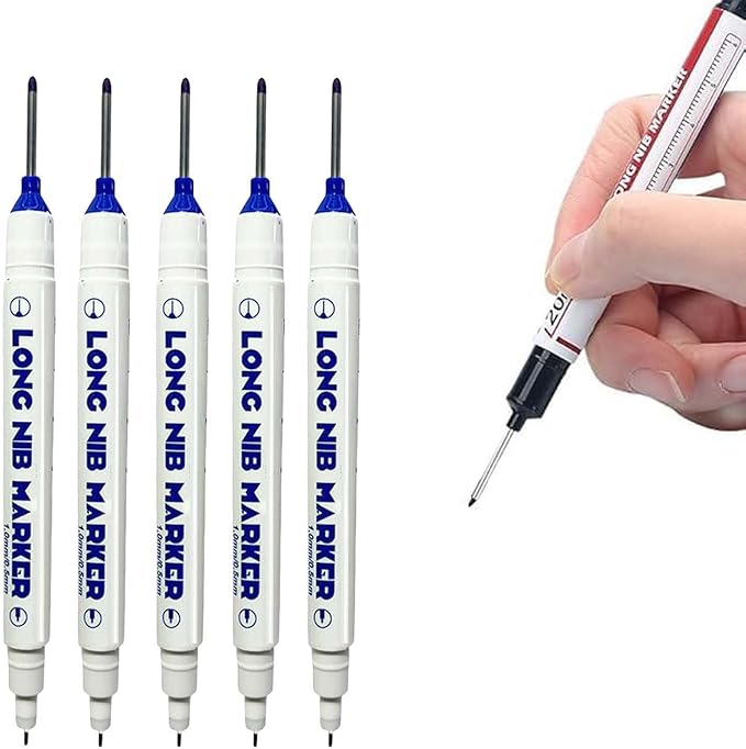 Yilia 5PCS Long Head Deep Hole Markers, 20mm Deep Reach, Waterproof, Permanent, Metal, Wood, Glass, Concrete, Ambidextrous, Eco Friendly, Black Ink, 1.5mm Tip, 5 Count