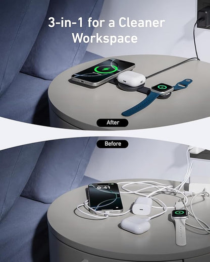 Anker MagSafe Compatible MagGo UFO 3-in-1 Charger, iPhone 17 Wireless Charging Station, 15W Qi2 Certified, Foldable Travel Charging Pad (Black Stone, with Travel Case & Adapter)