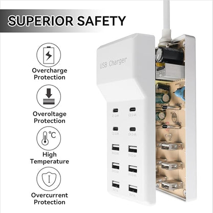 USB Charging Station with 6 USB-A & 4 USB-C Ports, 50W 10A USB Charging Block for Smart Phone, Tablet, Laptop, Multiple Devices - USB Power Strip with Auto-Detect Technology (1 PCS)