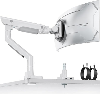 monTEK Sleek Aluminum Monitor Arm for 17–57” Ultrawide Screens up to 59 lbs, USB 3.0 A/C, Heavy Duty Single Monitor Arm Desk Mount, Pneumatic Lift, Quick-Release Plate, Clamp/Grommet, Max VESA 100x100