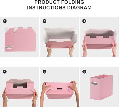 Oterri File Organizer, 2 Packs Small Storage Box, Cardboard File Folder Organizer, Collapsible File Box for Hanging File Folders Letter Size, Portable Filing Organizer with Handle（Pink）
