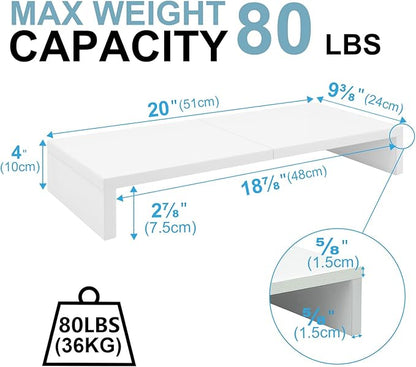 TEAMIX 20 inch White Monitor Stand Riser, Wood Desktop Stand for PC/TV/Laptop/Printer, White Monitor Riser with Storage, Computer Stand with Keyboard Organizer