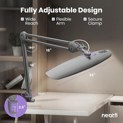 Neatfi XL LED Desk Lamp with Clamp, 2200 Lumens, 24W, 20-Inch Wide Head, Dimmable 4 Brightness Levels, Task Light for Home Office, Crafts, Workbench (Non-CCT, Silver)