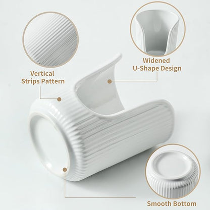 Ceramic Bathroom Cup Dispenser with Stylish Vertical Stripes - Disposable Mouthwash Cup Holder Holds 3-4oz Paper Cups for Rinsing Cups on Bathroom Vanity Countertops (White)