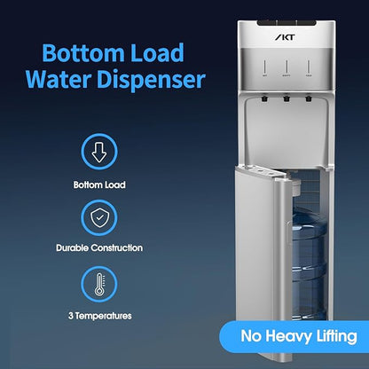 IKT Self Cleaning Bottom Load Water Cooler Dispenser 3 5 Gallon Hot, Cold & Room Temperature Water, Empty Bottle Alert, Child Safety Lock,Silver