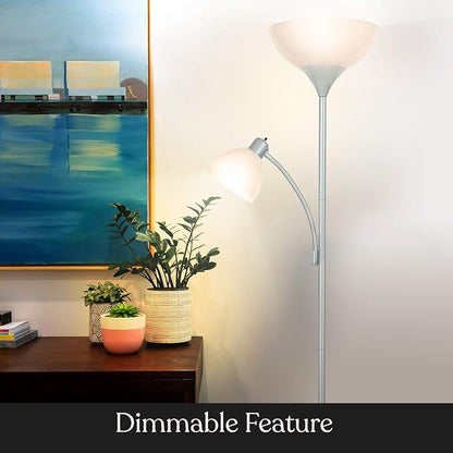 Brightech Sky Dome Plus LED Floor lamp, Torchiere Super Bright Floor Lamp with Reading Lamp for Living Rooms & Offices - Dimmable Tall Standing Lamp for Bedroom Reading - Silver