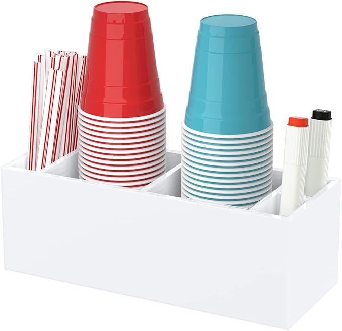 Double Cup Holder with Marker Slot, Party Cup Dispenser Acrylic Cup Organizer Mark Your Cup and Drink Up Caddy Modern Bar Counter Decor, White