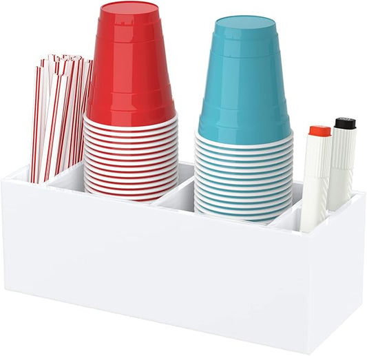 Double Cup Holder with Marker Slot, Party Cup Dispenser Acrylic Cup Organizer Mark Your Cup and Drink Up Caddy Modern Bar Counter Decor, White