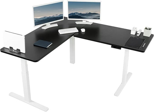 VIVO Electric Height Adjustable 67 x 60 inch Corner Stand Up Desk, 2 Black Solid Table Tops, White Frame, Memory Controller, L-Shaped Workstation, 3E Series, DESK-KIT-3E6WB