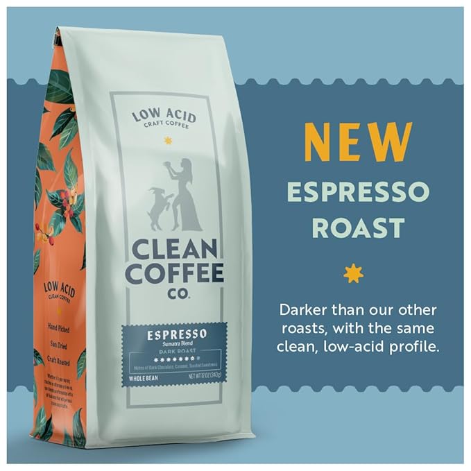 Clean Coffee Co. - Low Acid Medium-Dark Roast, Tested for Molds and Toxins, Papua New Guinea Blend, Notes of Milk Chocolate and Roasted Almonds (12 Ounce (Pack of 1), Espresso - Whole)