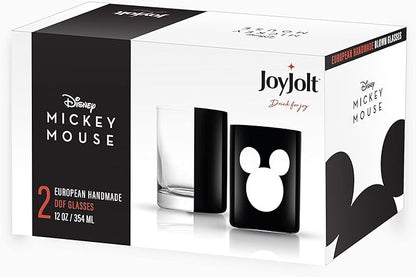 JoyJolt Disney Luxury Mickey Mouse Double Old Fashioned Whiskey Glasses. 2x European Crystal Bar Glasses. Premium Xmas Disney Stuff, Gifts and Cups. 12oz Black Drinking Glasses, Disney Tumbler