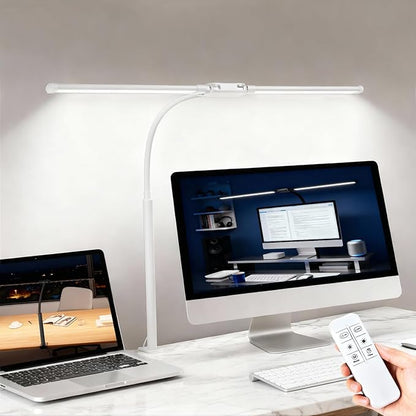 LED Desk Lamp with Clamp, Double Head Adjustable Architect Light, Eye-Caring Monitor Desk Lamp for Home Office, Flexible Gooseneck Task Lamp with 10 Brightness Levels & 5 Color Temperature Modes White