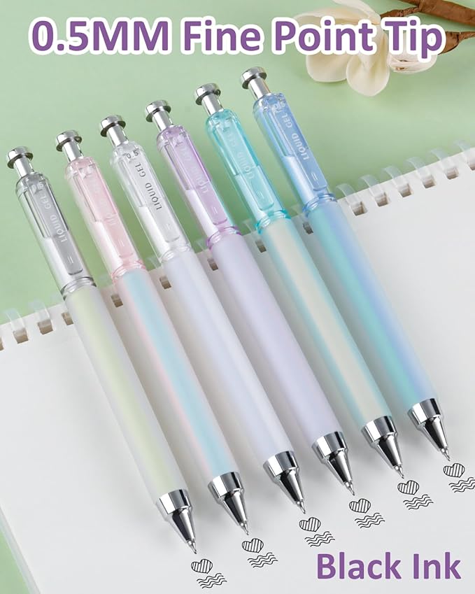 FIOVER Gel Pens, 6 Pcs 0.5mm Quick Dry Black Ink Pens, Fine Point Smooth Writing Pens, Retractable with Silicone Grip, High-End Cute Aesthetic Office School Supplies, Gifts for Women Men (6pcs black)
