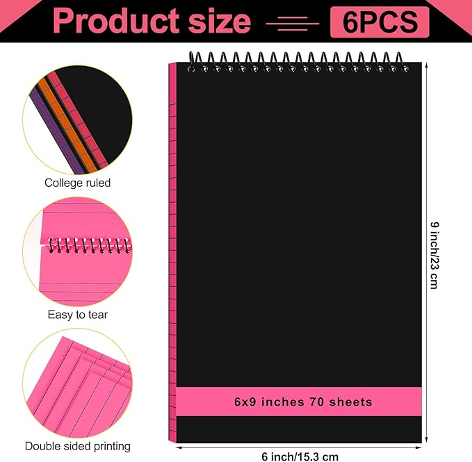 6 Pcs Legal Pad Top Spiral Bound Notebook 70 Sheets Wirebound Notepad Double Sided Ruled Memo Steno Pad with Stiff Back Cover for Business(6 x 9 Inches,No Holes,Rainbow Color)