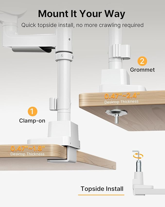 monTEK Sleek Aluminum Monitor Arm for 17–57” Ultrawide Screens up to 59 lbs, USB 3.0 A/C, Heavy Duty Dual Monitor Arm Desk Mount, Pneumatic Lift, Quick-Release Plate, Clamp/Grommet, max VESA 100x100