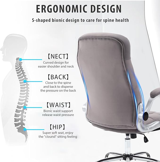 High Back Fabric Office Chair, Velvet Executive Desk Chair with Flip-Up Arms, Ergonomic Office Desk Chair with Lumbar Support, Upholstered Home Computer Chair with Wheels(Grey)