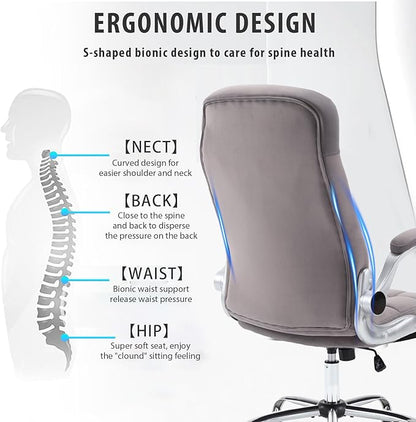 High Back Fabric Office Chair, Velvet Executive Desk Chair with Flip-Up Arms, Ergonomic Office Desk Chair with Lumbar Support, Upholstered Home Computer Chair with Wheels(Grey)
