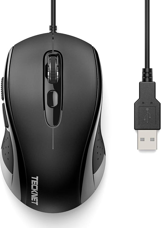 TECKNET Wired Mouse, USB Wired Computer Mice, 3600DPI 4 Adjustable Levels, 6-Button Ergonomic Mouse for Laptop PC Desktop Notebook - Black