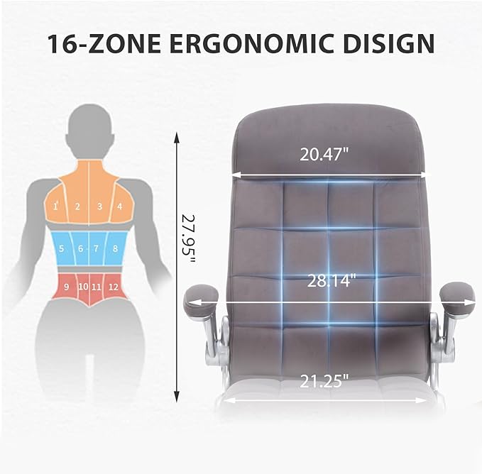 High Back Fabric Office Chair, Velvet Executive Desk Chair with Flip-Up Arms, Ergonomic Office Desk Chair with Lumbar Support, Upholstered Home Computer Chair with Wheels(Grey)
