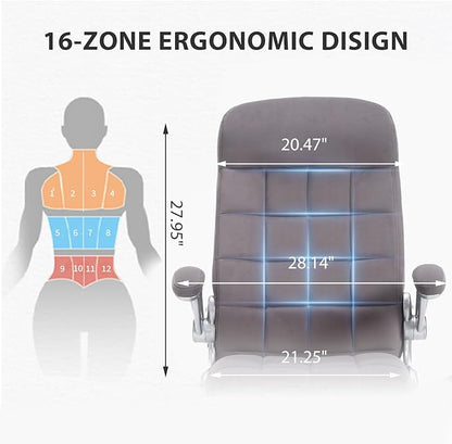 High Back Fabric Office Chair, Velvet Executive Desk Chair with Flip-Up Arms, Ergonomic Office Desk Chair with Lumbar Support, Upholstered Home Computer Chair with Wheels(Grey)