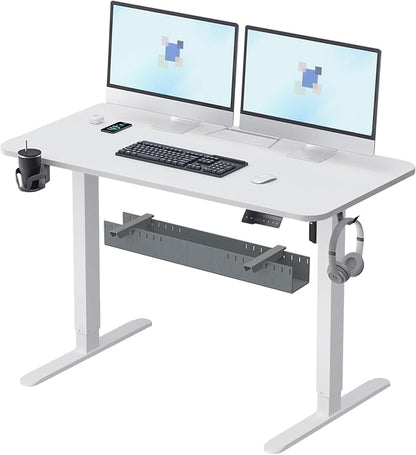 Standing Desk with Cable Management Tray, 48"x24" Electric Height Adjustable Sit Stand Desk, Memory Presets, Anti-Collision, Workstation for Home Office, White Top White Frame