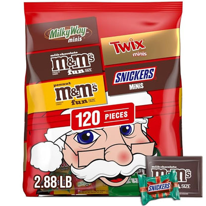 M&M'S Milk Chocolate, M&M'S Peanut, SNICKERS, TWIX, MILKY WAY Christmas Candy Individually Wrapped Stocking Stuffers Variety Pack, Mixed Chocolate Candy Assortment Bag Bulk, 120-Piece