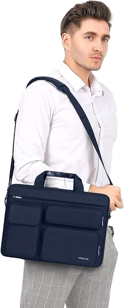 MOSISO Laptop Shoulder Bag 17.3 inch, 17-17.3 inch Computer Bag Compatible with Dell XPS/HP Pavilion/Ideapad/Acer/Alienware/HP Omen with 2 Raised&1 Flapover&1 Horizontal Pocket&Handle&Belt, Navy Blue